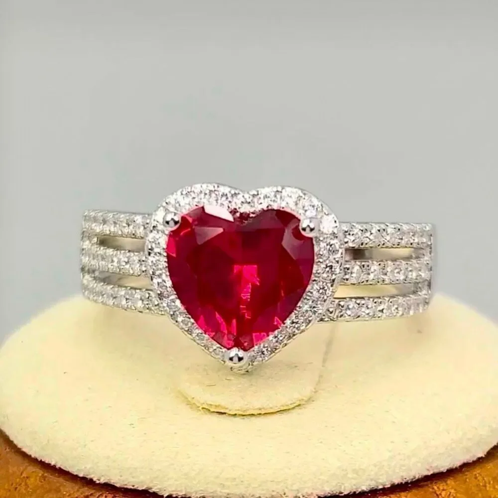925 Sterling Silver Red Ruby Heart Ring CZ Halo Triple Band Wedding Promise Ring